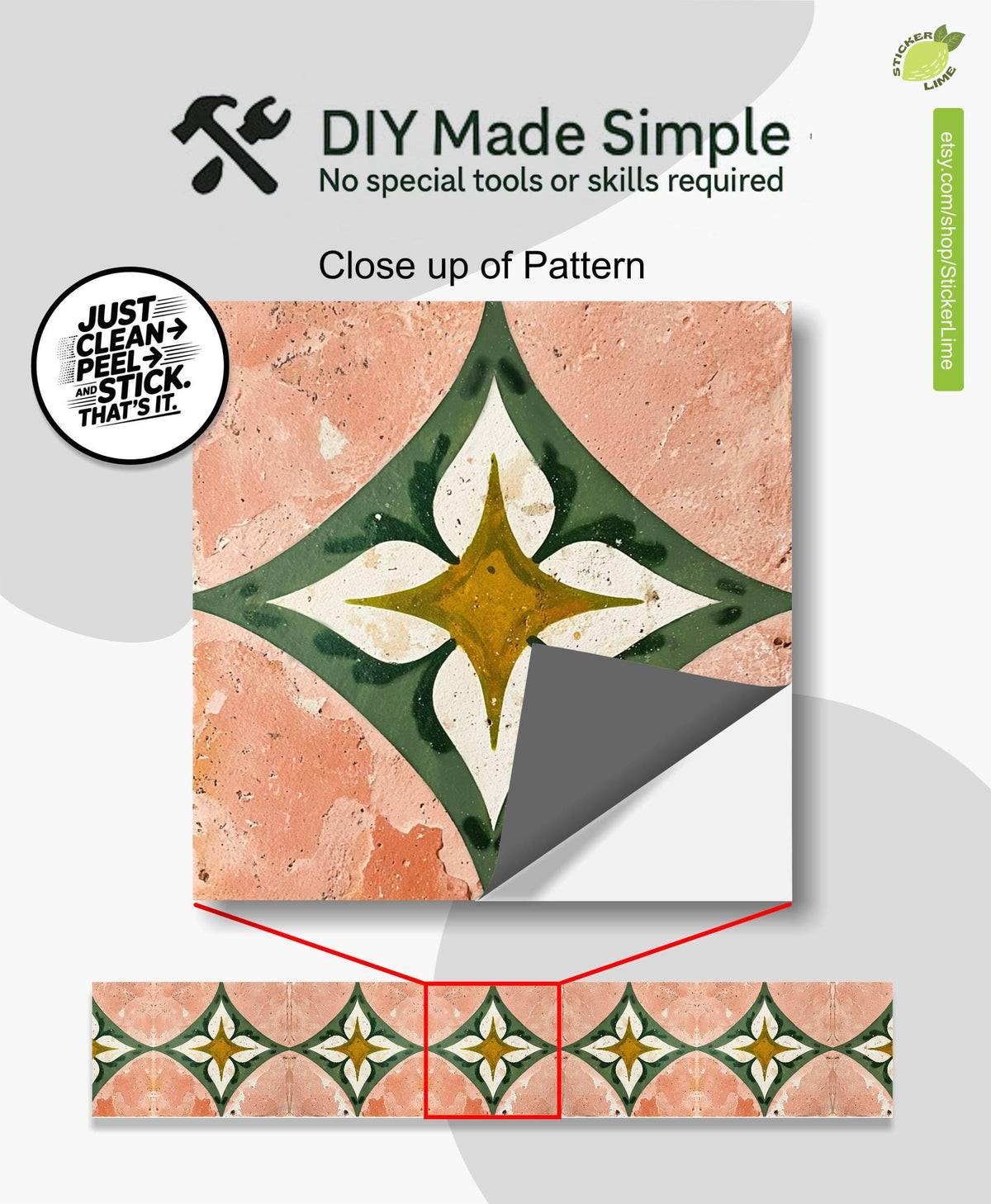 Rustic Terracotta Diamond Floral peel and stick stair riser decals, photo 2 of 8