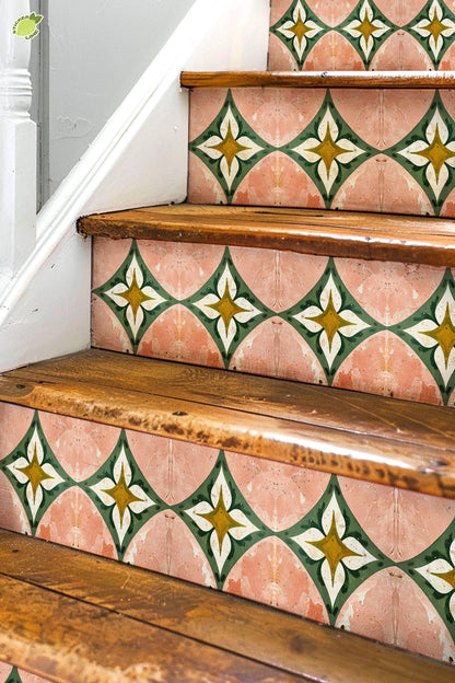 Rustic Terracotta Diamond Floral peel and stick stair riser decals, photo 3 of 8