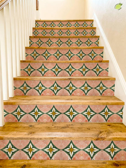 Rustic Terracotta Diamond Floral peel and stick stair riser decals, photo 4 of 8