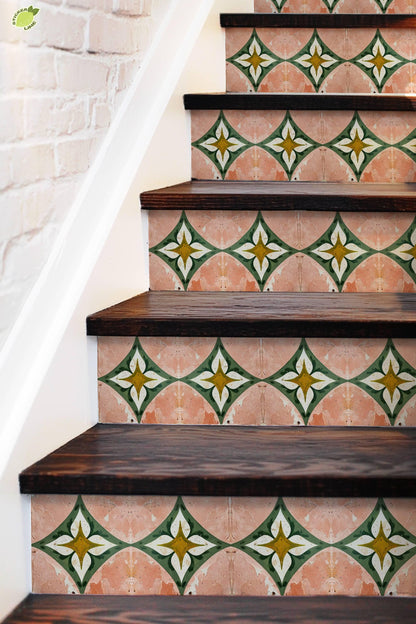 Rustic Terracotta Diamond Floral peel and stick stair riser decals, photo 5 of 8