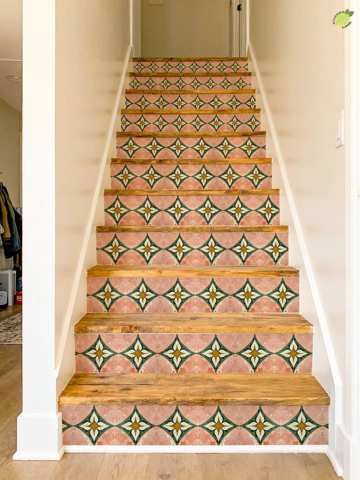 Rustic Terracotta Diamond Floral peel and stick stair riser decals, photo 6 of 8