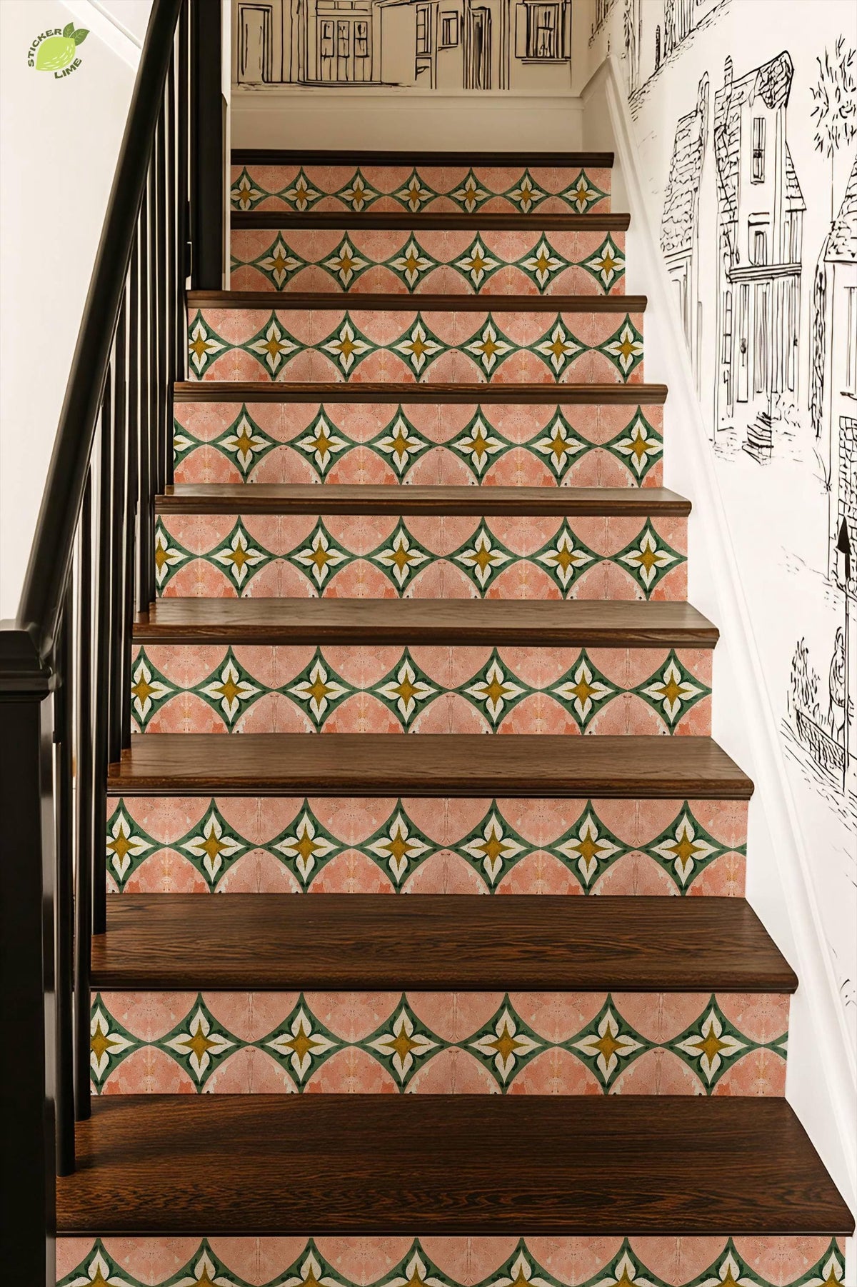 Rustic Terracotta Diamond Floral peel and stick stair riser decals, photo 7 of 8