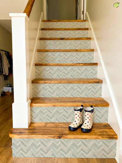 Sage Herringbone Stone Tile peel and stick stair riser decals