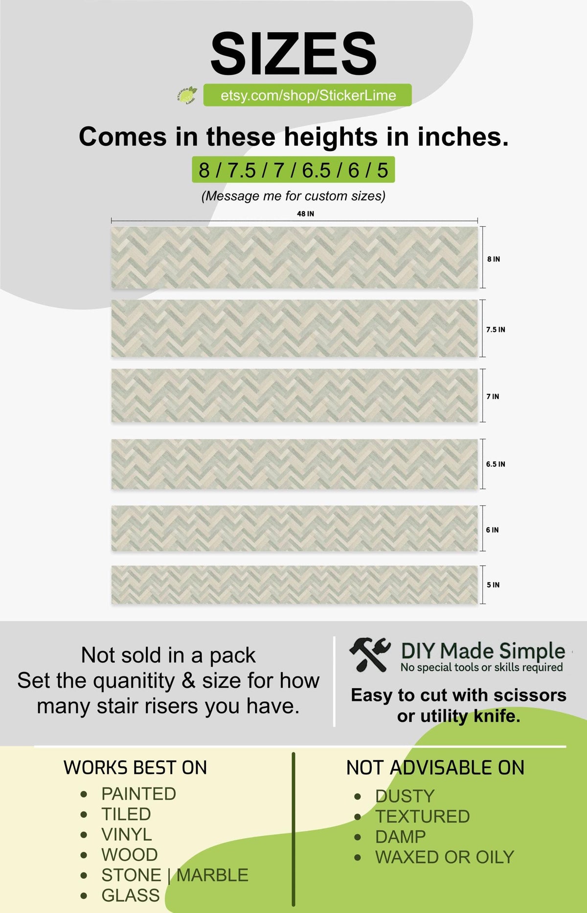Sage Herringbone Stone Tile peel and stick stair riser decals, photo 4 of 8
