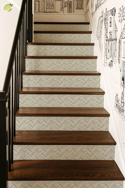 Sage Herringbone Stone Tile peel and stick stair riser decals, photo 5 of 8