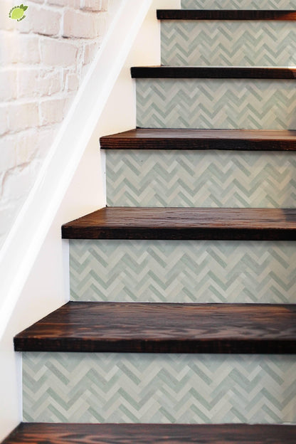 Sage Herringbone Stone Tile peel and stick stair riser decals, photo 6 of 8
