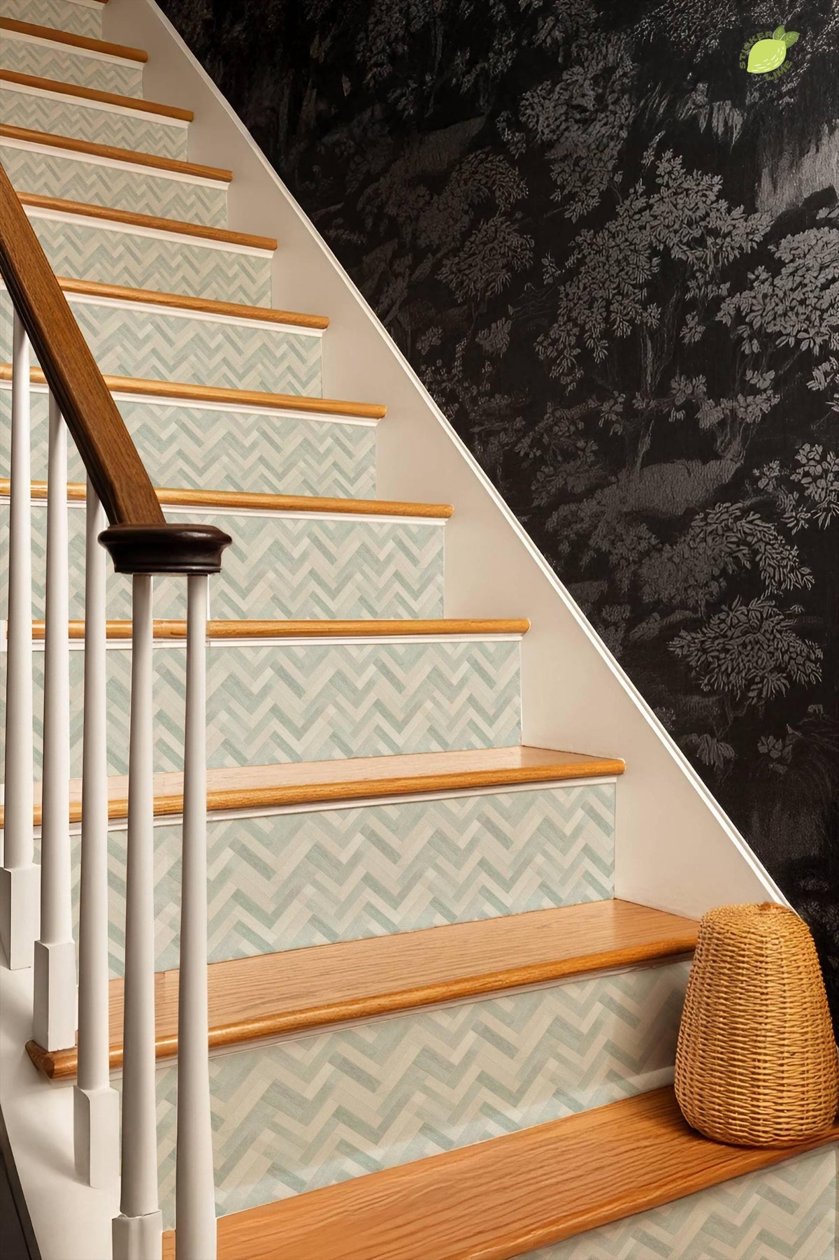 Sage Herringbone Stone Tile peel and stick stair riser decals, photo 7 of 8