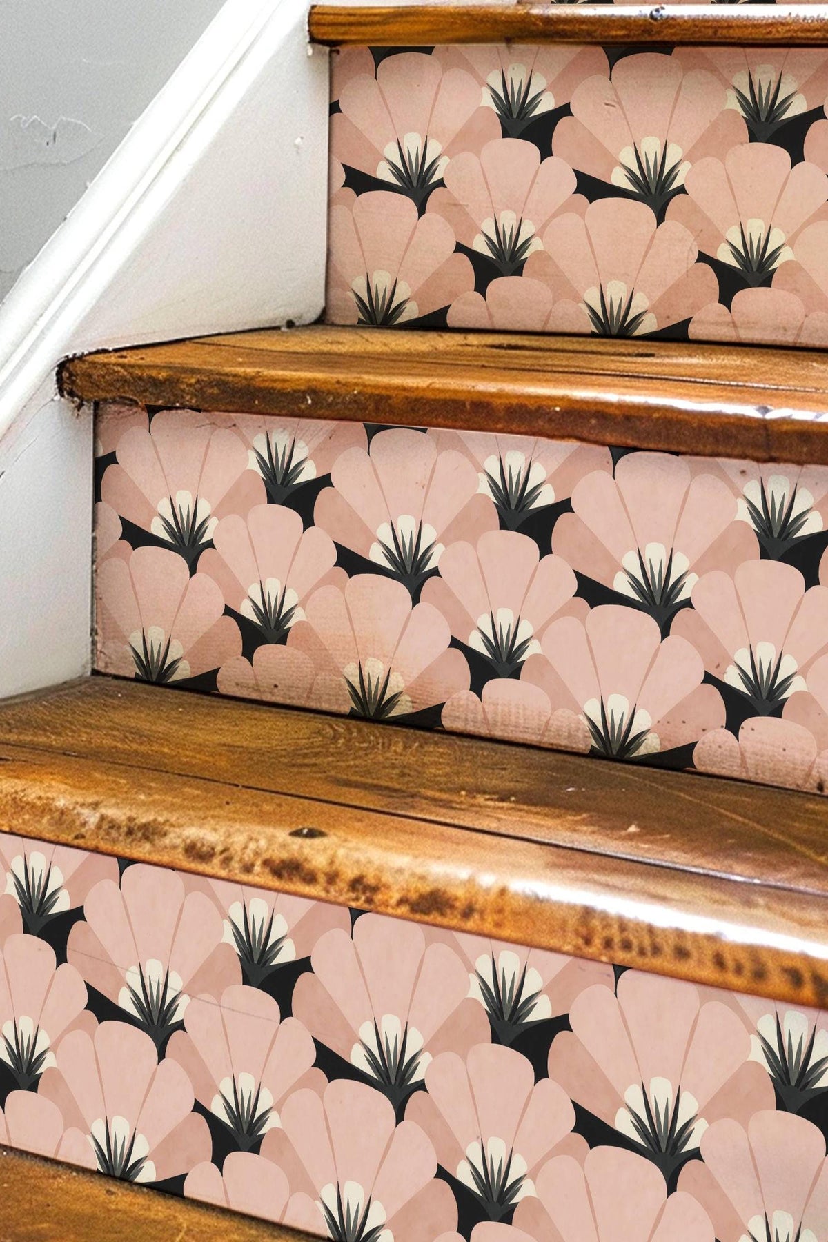 Sakura Pink Art Deco Fan peel and stick stair riser decals