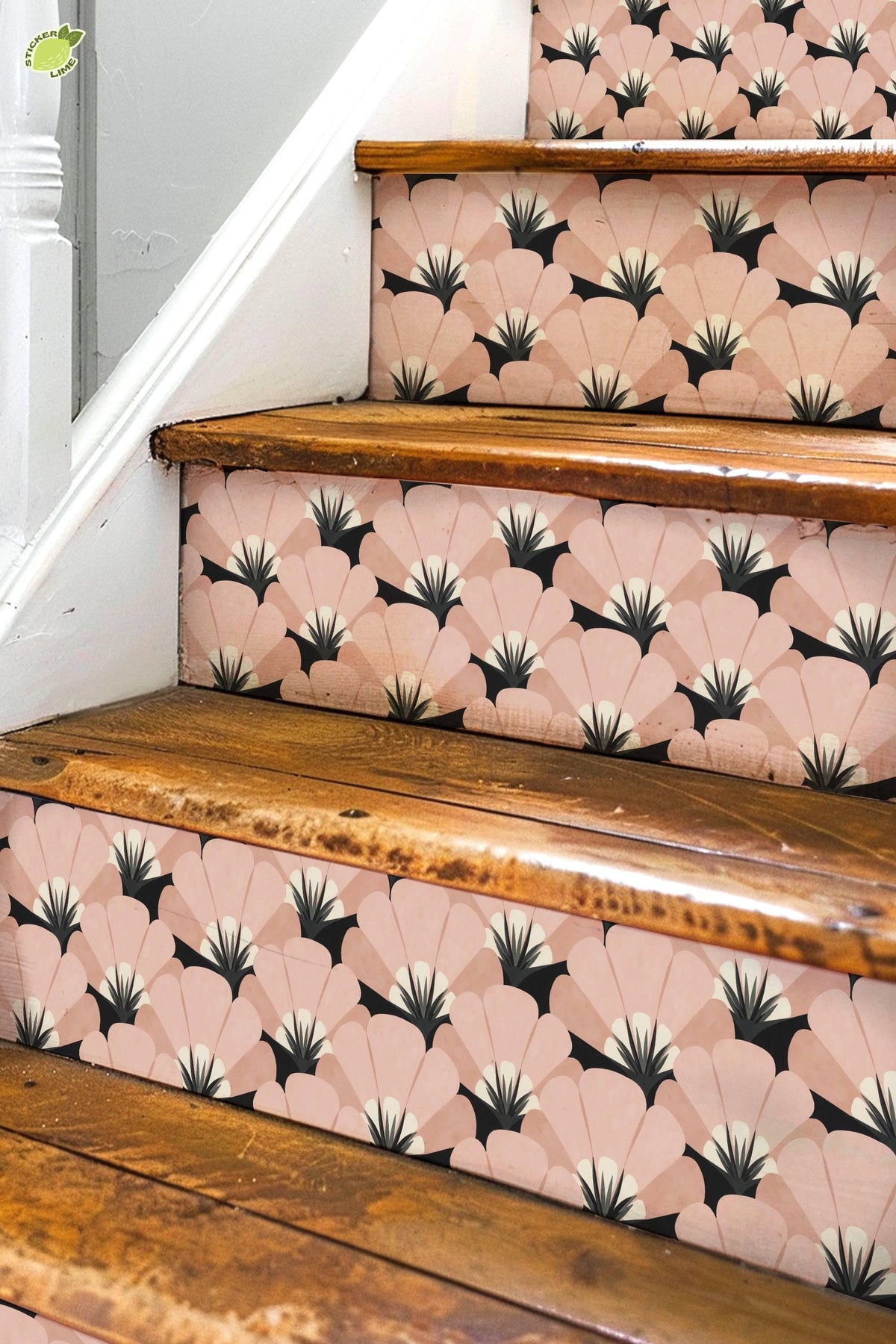 Sakura Pink Art Deco Fan peel and stick stair riser decals, photo 3 of 8