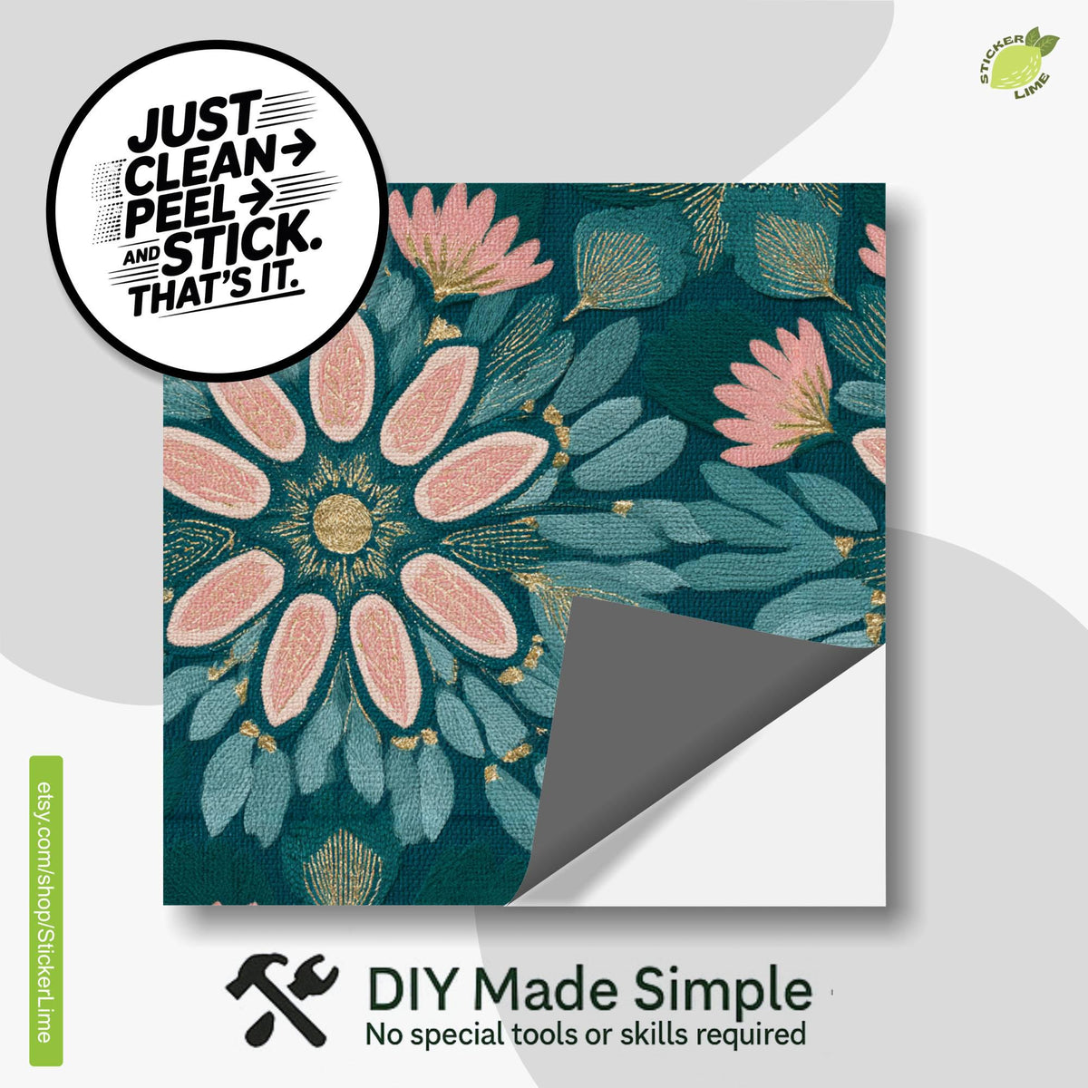 Teal and Blush Botanical Embroidery peel and stick tile decals, photo 2 of 8