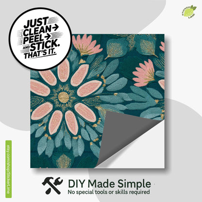 Teal and Blush Botanical Embroidery peel and stick tile decals, photo 2 of 8