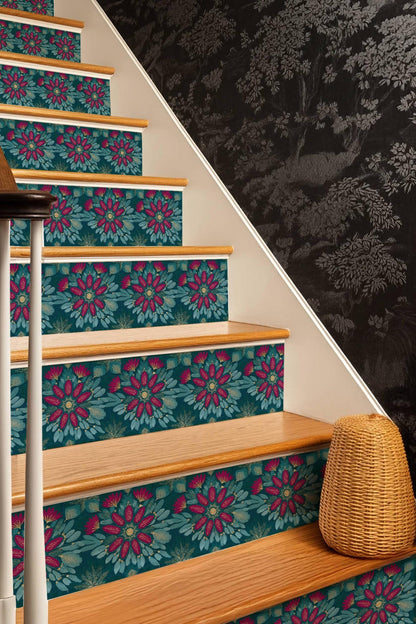 Teal and Magenta Floral Embroidery peel and stick stair riser decals
