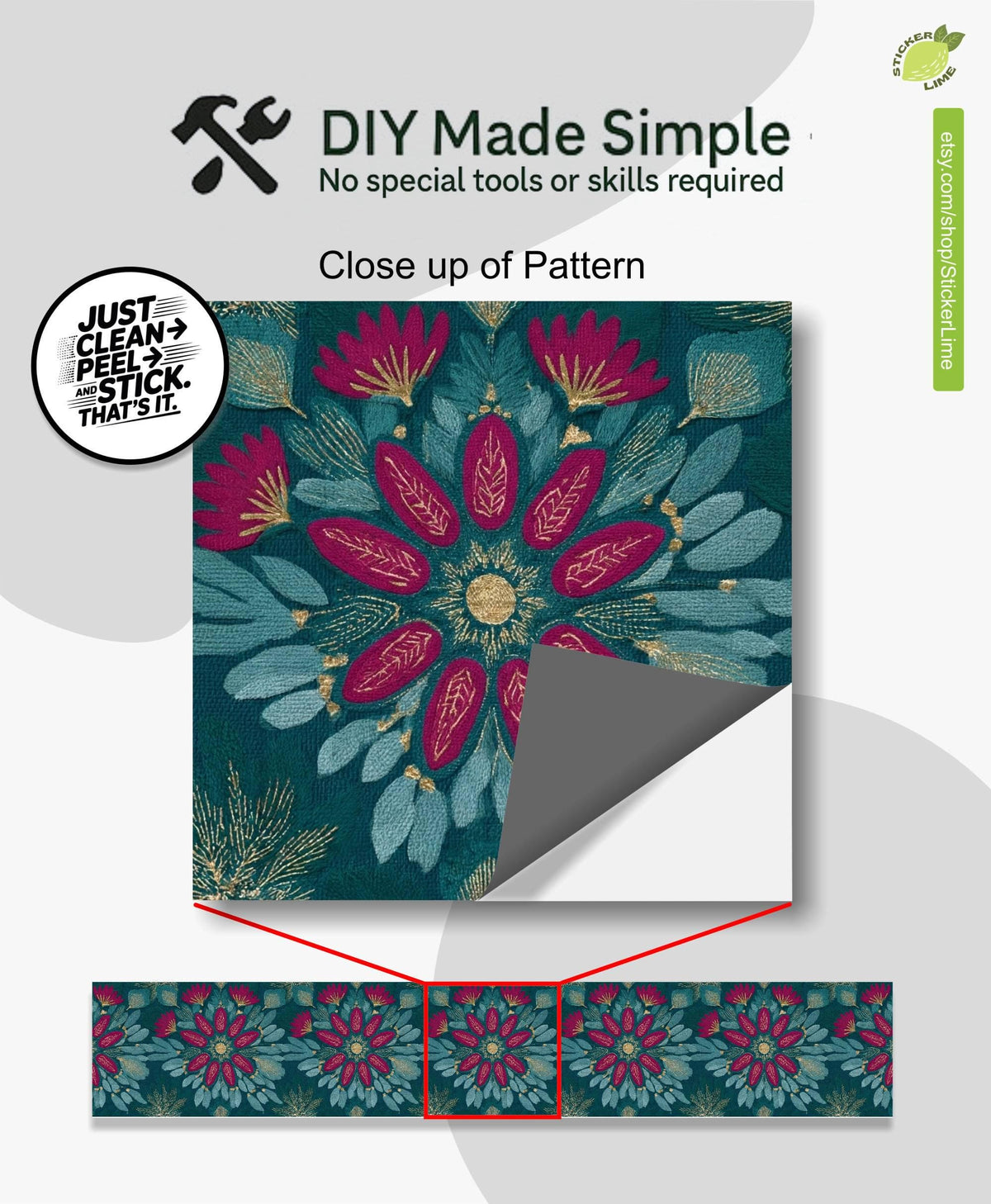 Teal and Magenta Floral Embroidery peel and stick stair riser decals, photo 2 of 8