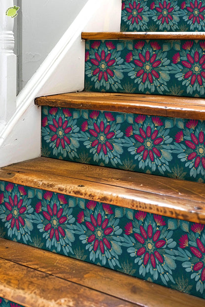 Teal and Magenta Floral Embroidery peel and stick stair riser decals, photo 3 of 8