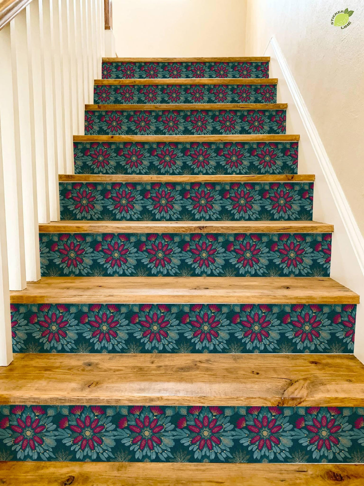Teal and Magenta Floral Embroidery peel and stick stair riser decals, photo 4 of 8
