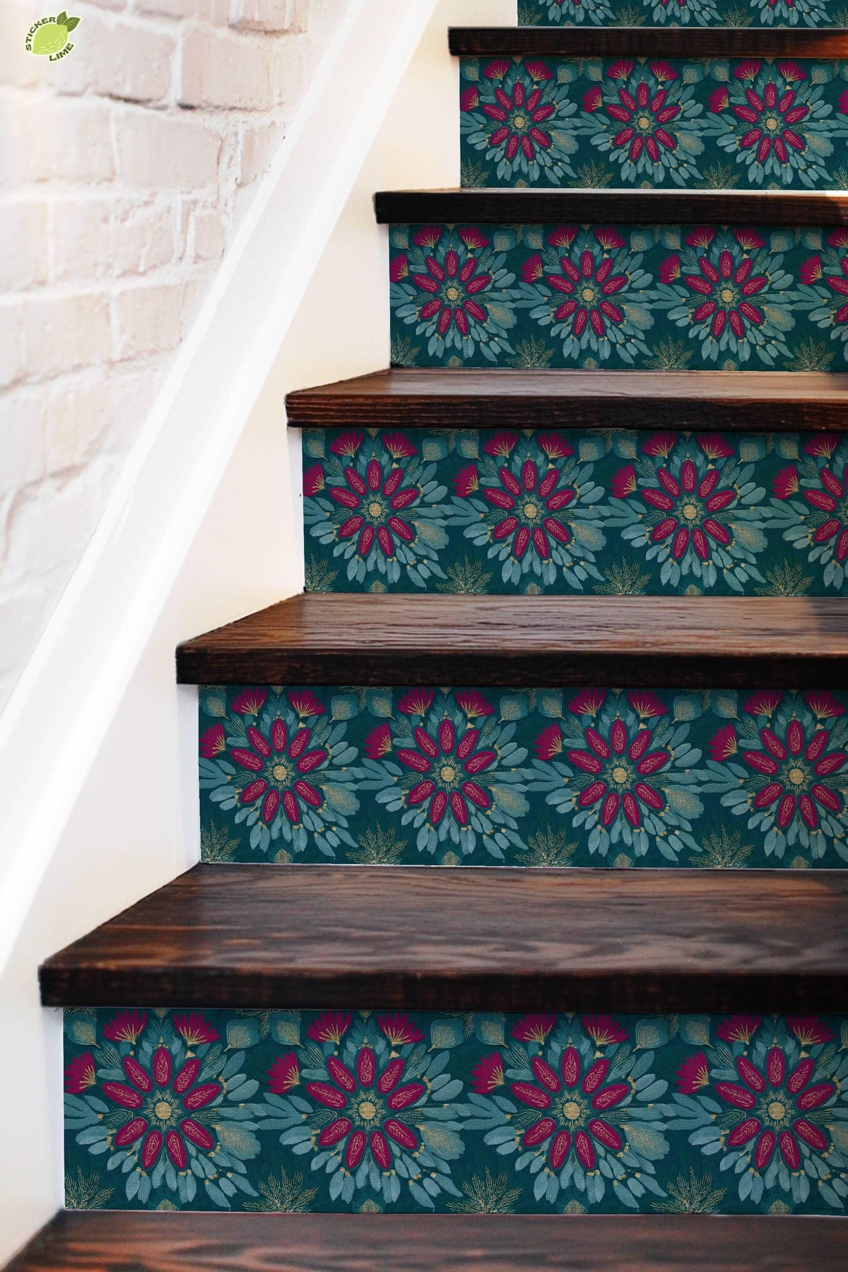 Teal and Magenta Floral Embroidery peel and stick stair riser decals, photo 5 of 8