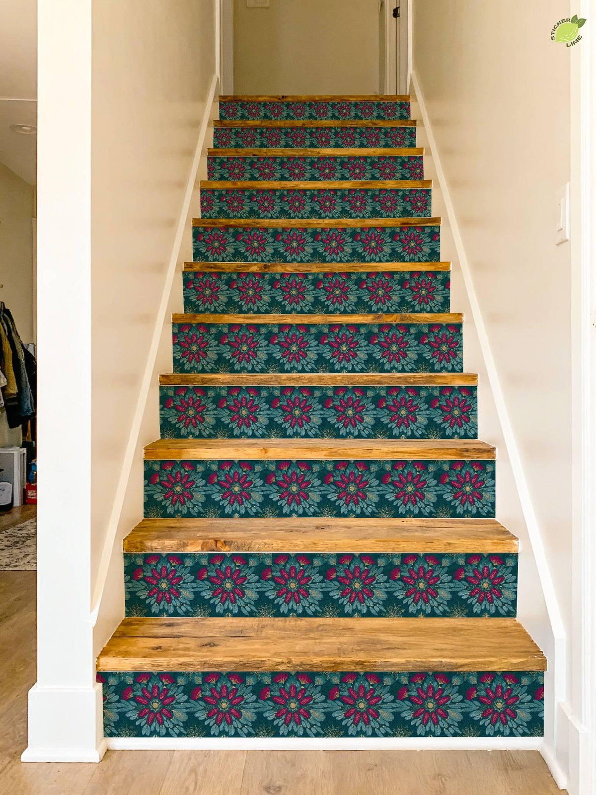 Teal and Magenta Floral Embroidery peel and stick stair riser decals, photo 6 of 8