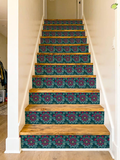 Teal and Magenta Floral Embroidery peel and stick stair riser decals, photo 6 of 8