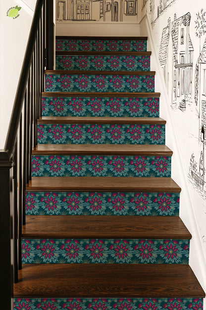 Teal and Magenta Floral Embroidery peel and stick stair riser decals, photo 7 of 8