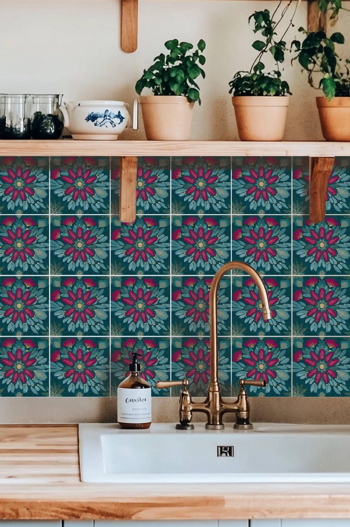 Teal and Magenta Floral Embroidery peel and stick tile decals