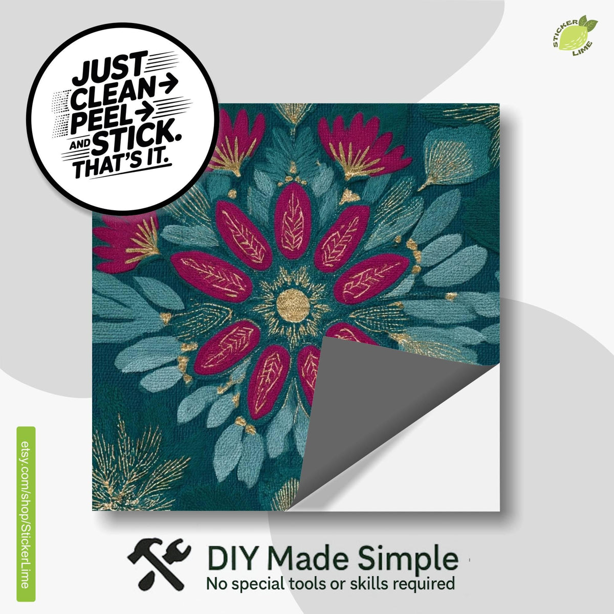 Teal and Magenta Floral Embroidery peel and stick tile decals, photo 2 of 8