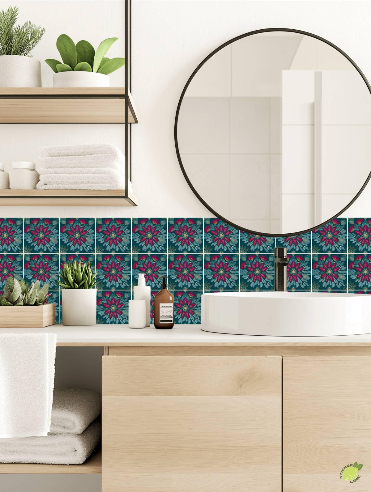 Teal and Magenta Floral Embroidery peel and stick tile decals, photo 3 of 8