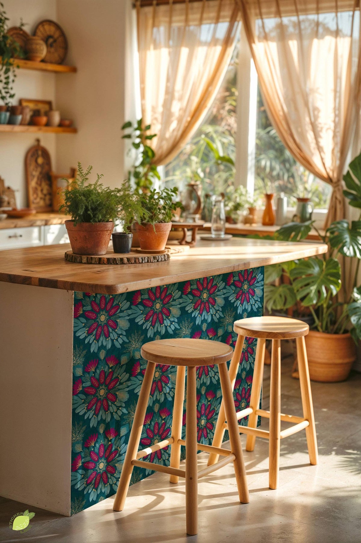 Teal and Magenta Floral Embroidery peel and stick tile decals, photo 4 of 8