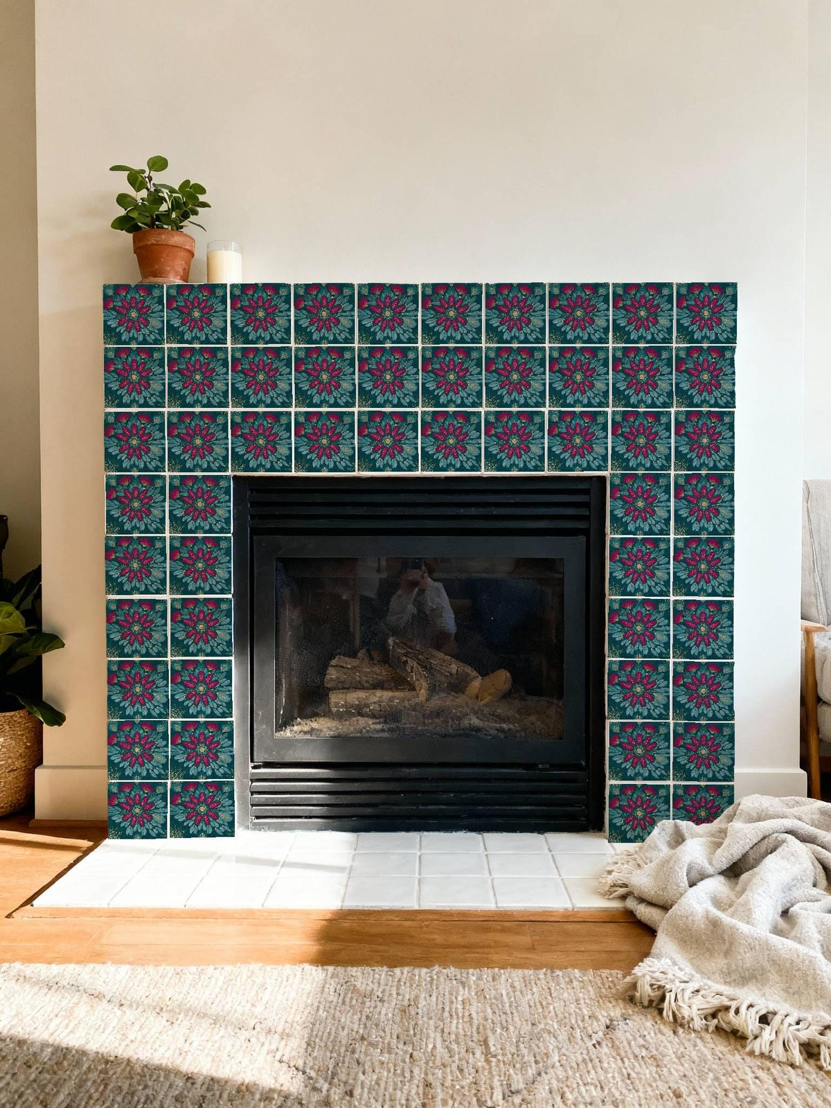 Teal and Magenta Floral Embroidery peel and stick tile decals, photo 6 of 8