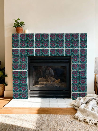 Teal and Magenta Floral Embroidery peel and stick tile decals, photo 6 of 8