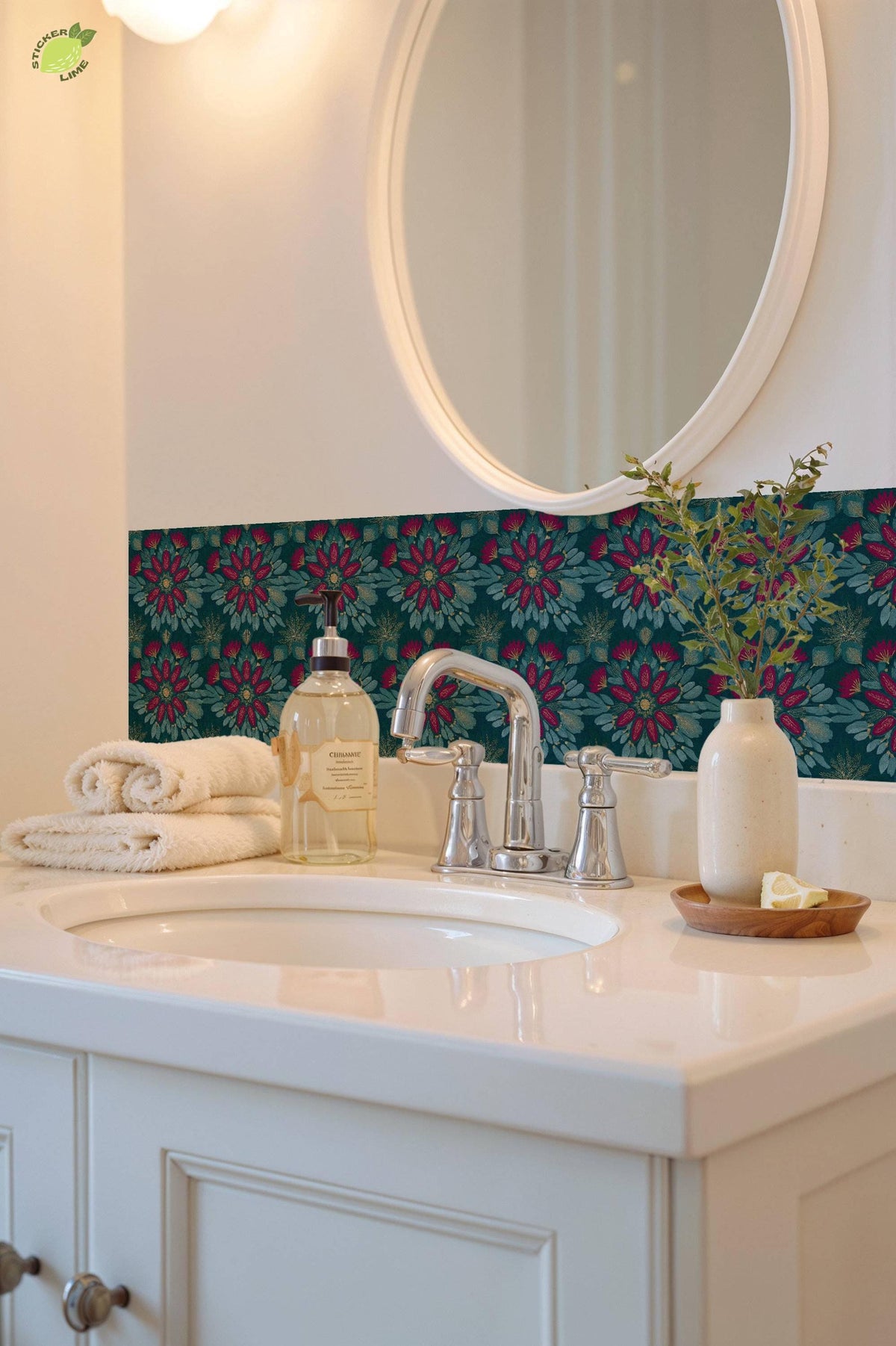 Teal and Magenta Floral Embroidery peel and stick tile decals, photo 7 of 8