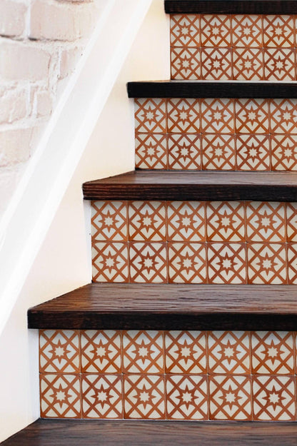 Terracotta Arabesque Medallion peel and stick stair riser decals