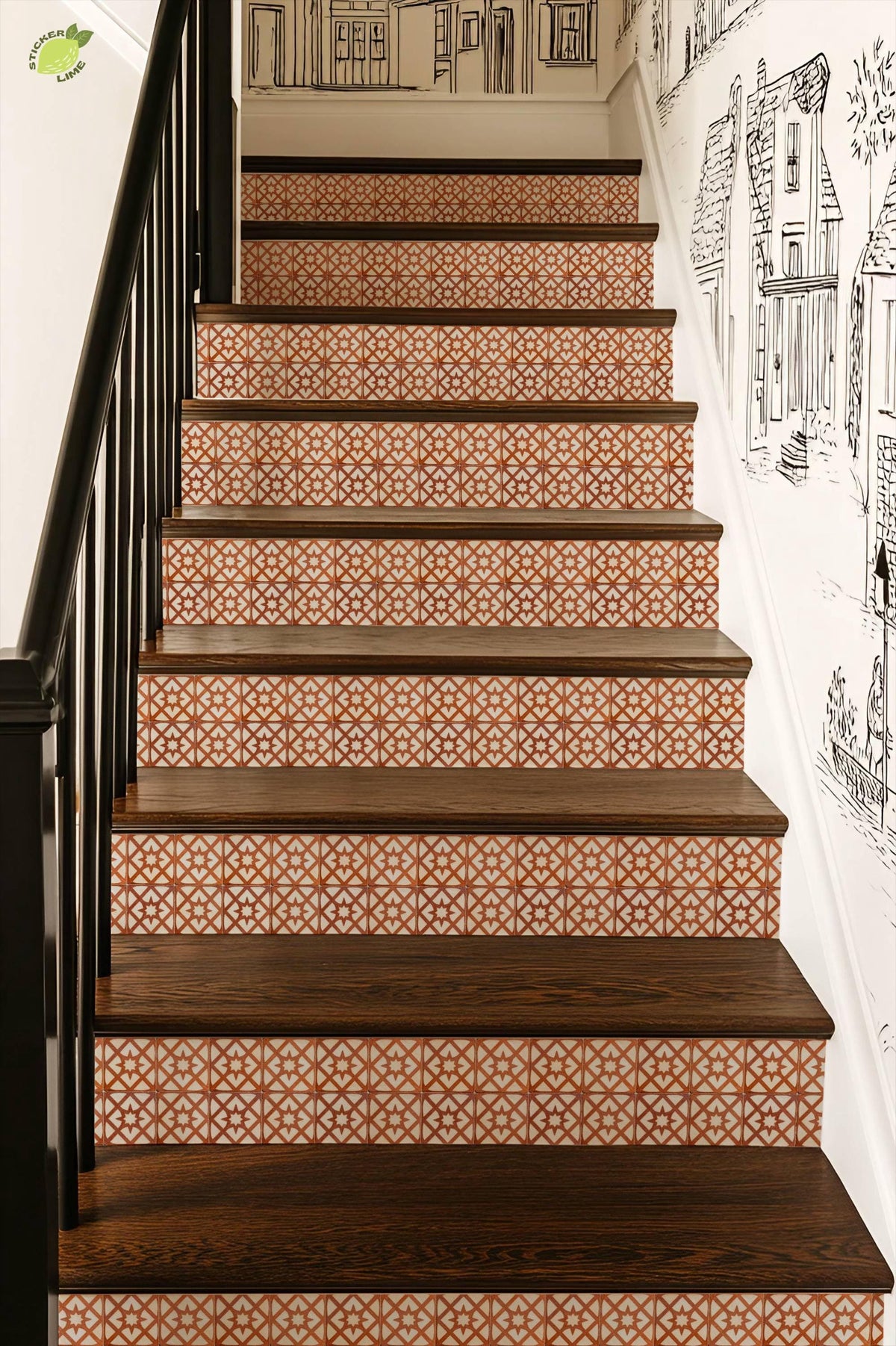 Terracotta Arabesque Medallion peel and stick stair riser decals, photo 4 of 8