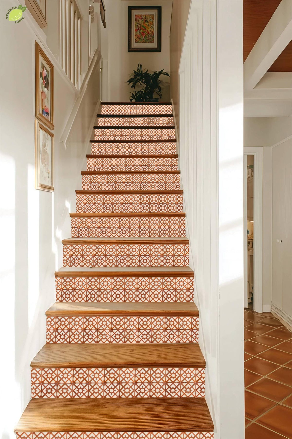 Terracotta Arabesque Medallion peel and stick stair riser decals, photo 7 of 8