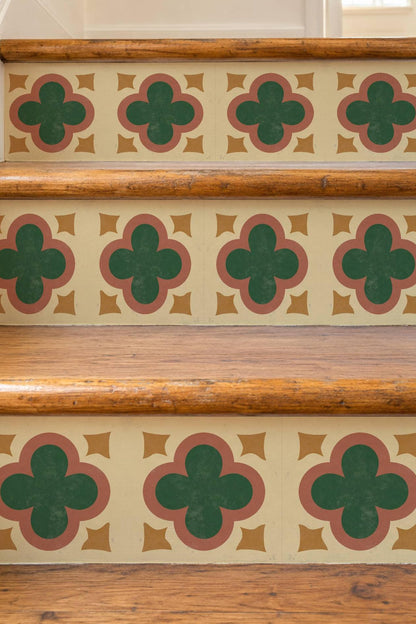 Terracotta Art Deco Quatrefoil peel and stick stair riser decals