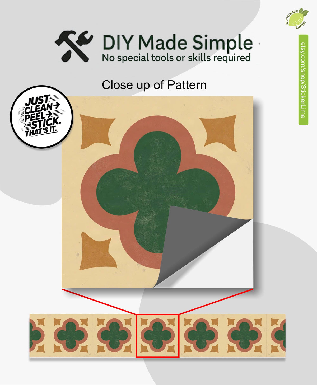 Terracotta Art Deco Quatrefoil peel and stick stair riser decals, photo 2 of 8