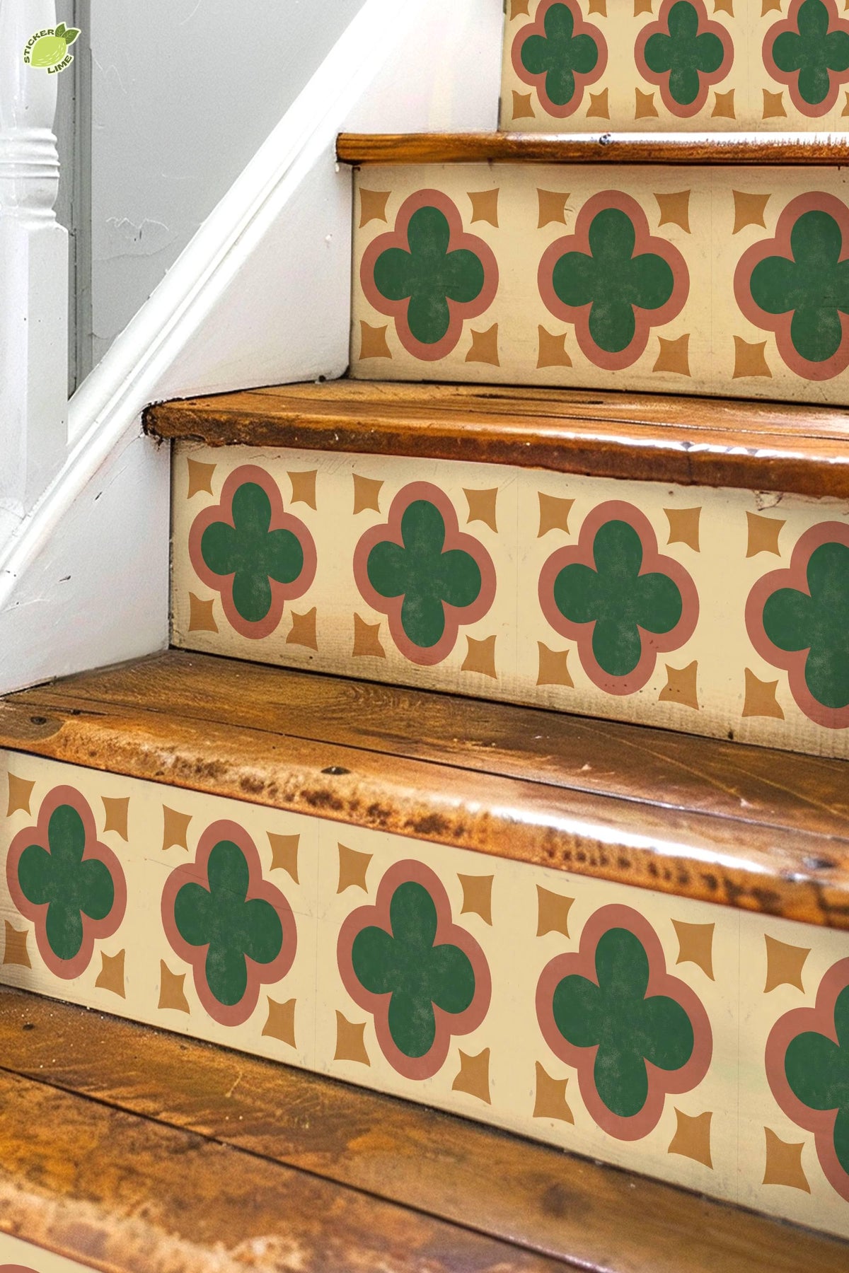 Terracotta Art Deco Quatrefoil peel and stick stair riser decals, photo 3 of 8