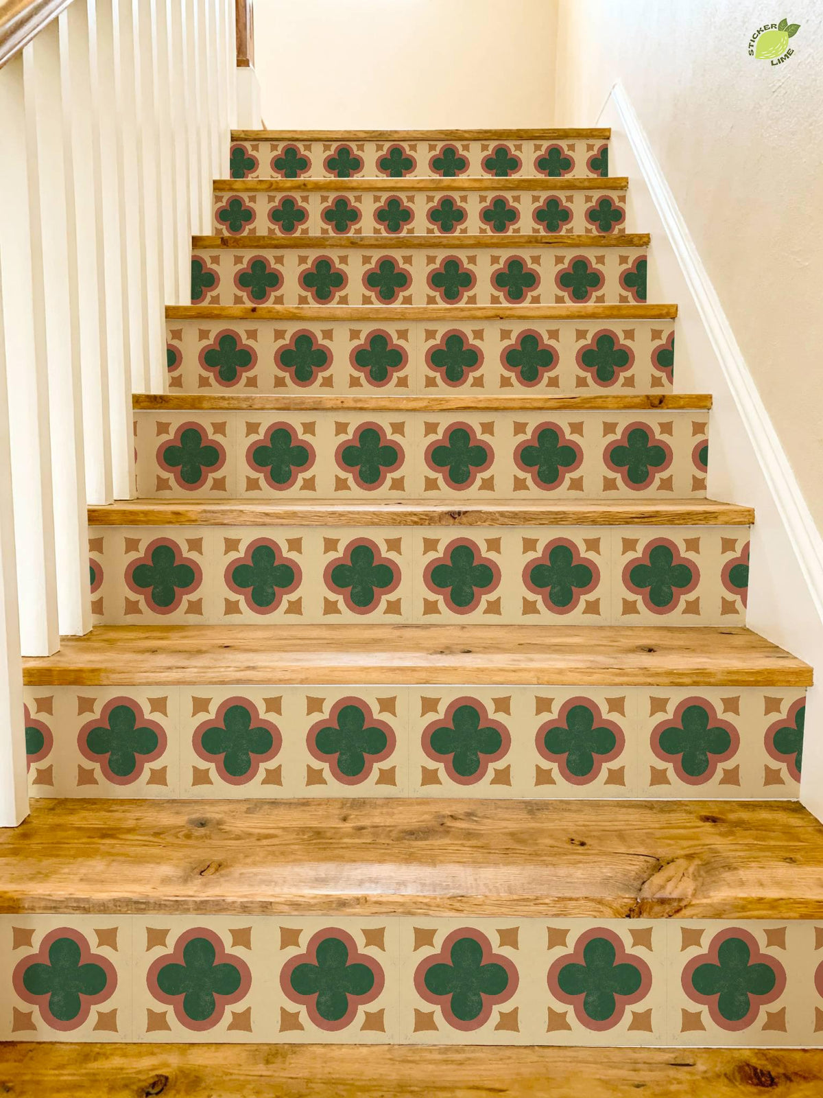 Terracotta Art Deco Quatrefoil peel and stick stair riser decals, photo 4 of 8