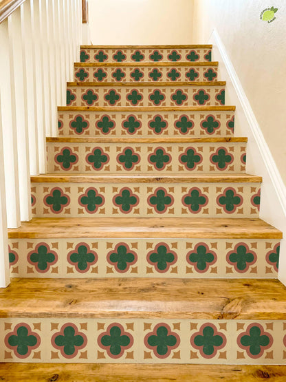 Terracotta Art Deco Quatrefoil peel and stick stair riser decals, photo 4 of 8
