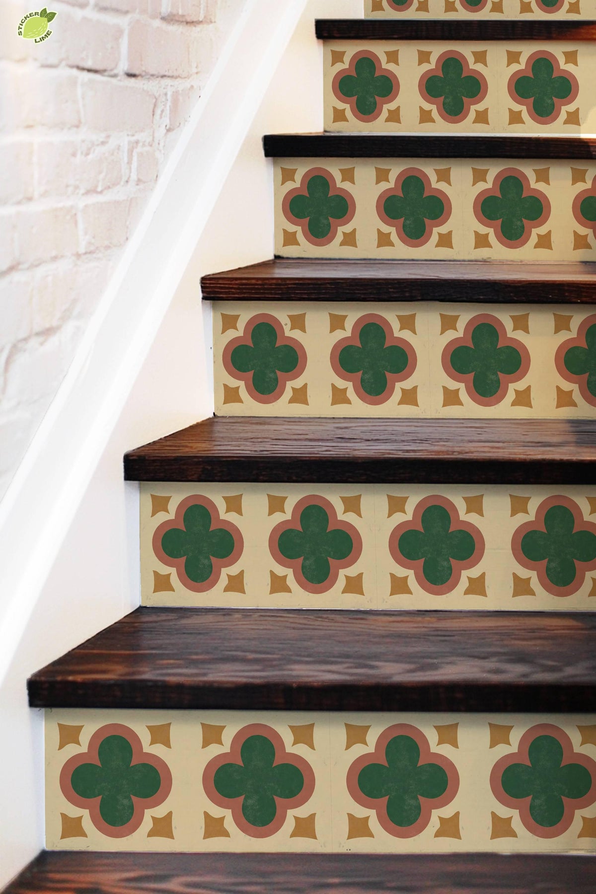 Terracotta Art Deco Quatrefoil peel and stick stair riser decals, photo 5 of 8
