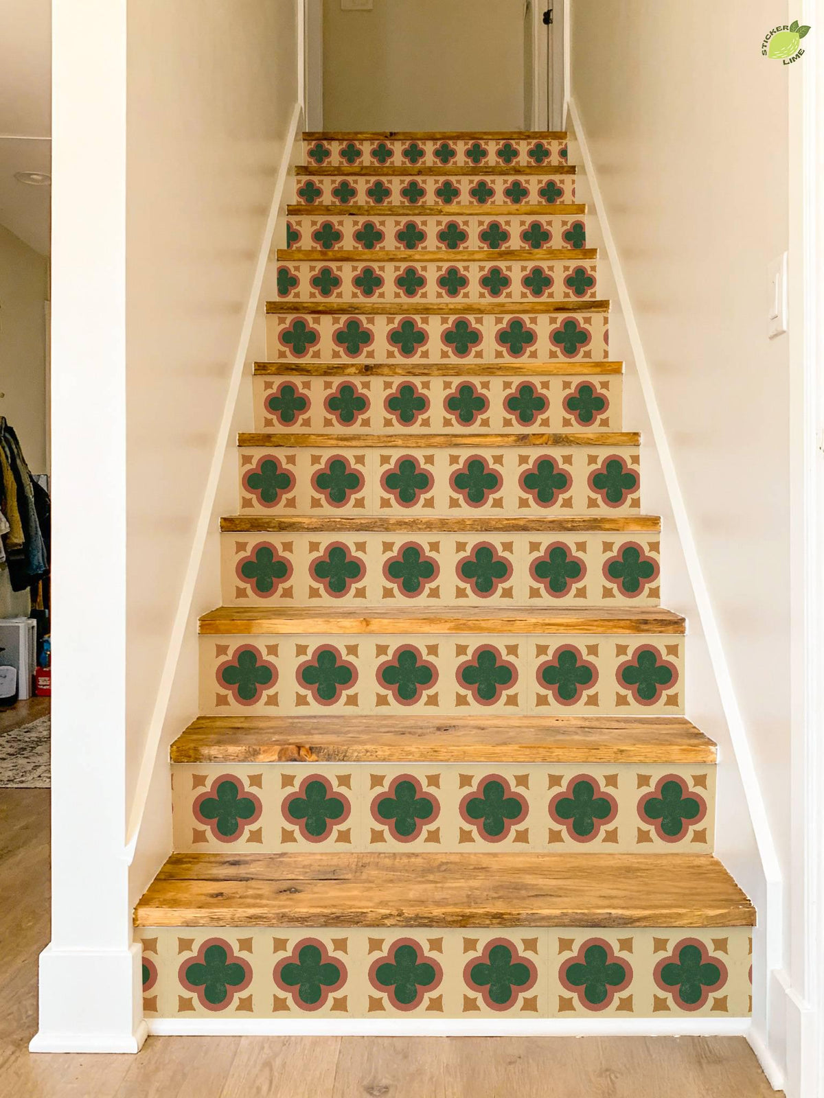 Terracotta Art Deco Quatrefoil peel and stick stair riser decals, photo 6 of 8