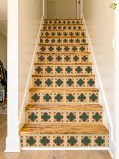 Terracotta Art Deco Quatrefoil peel and stick stair riser decals, photo 6 of 8