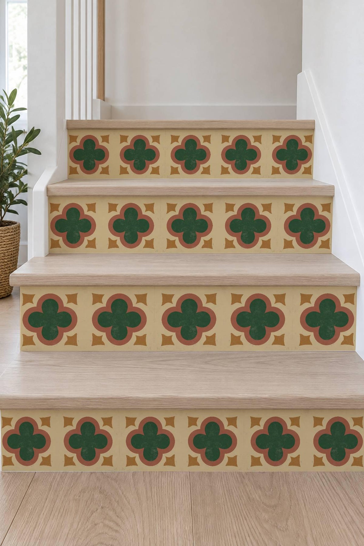 Terracotta Art Deco Quatrefoil peel and stick stair riser decals, photo 7 of 8