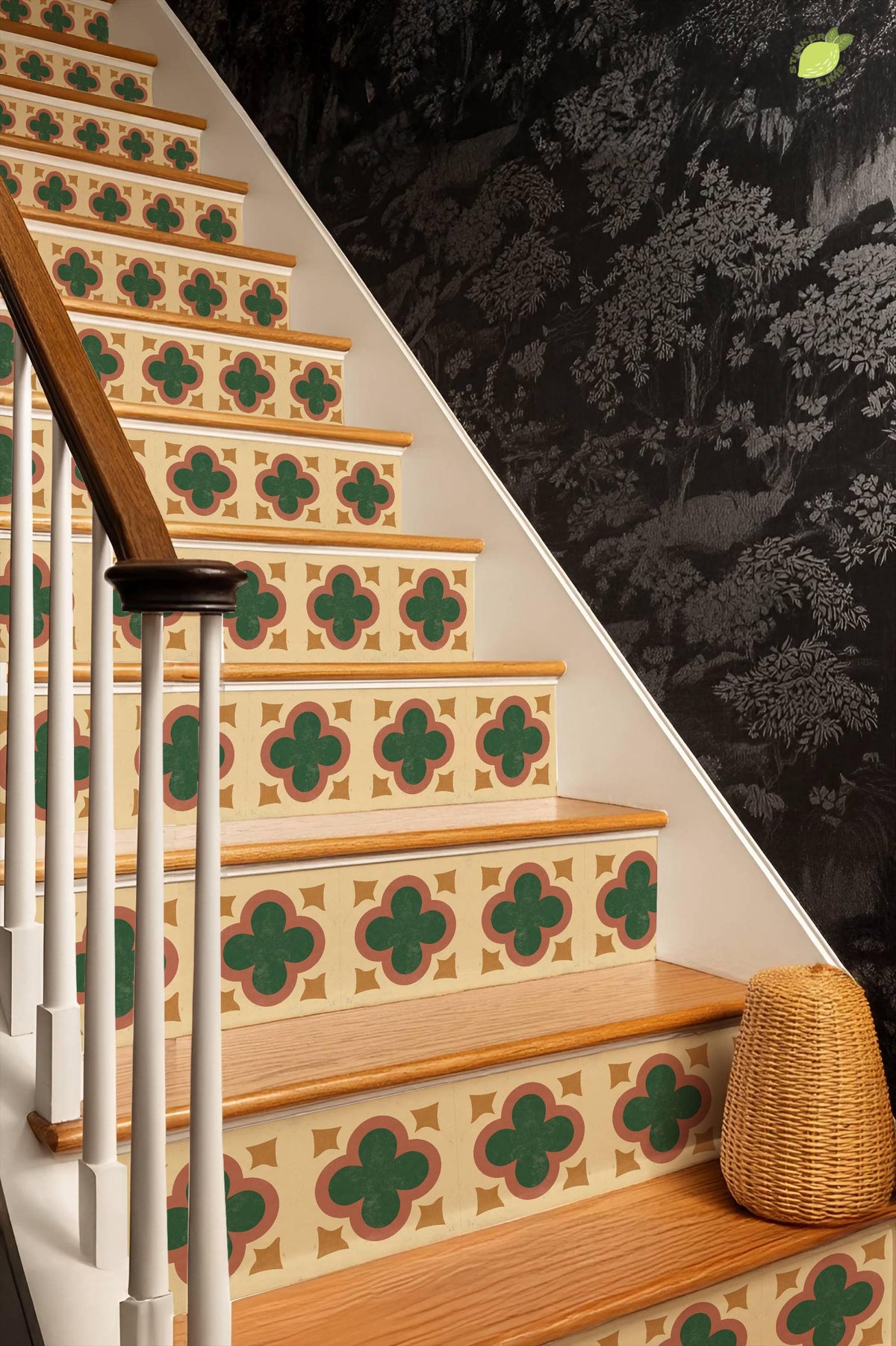 Terracotta Art Deco Quatrefoil peel and stick stair riser decals, photo 8 of 8