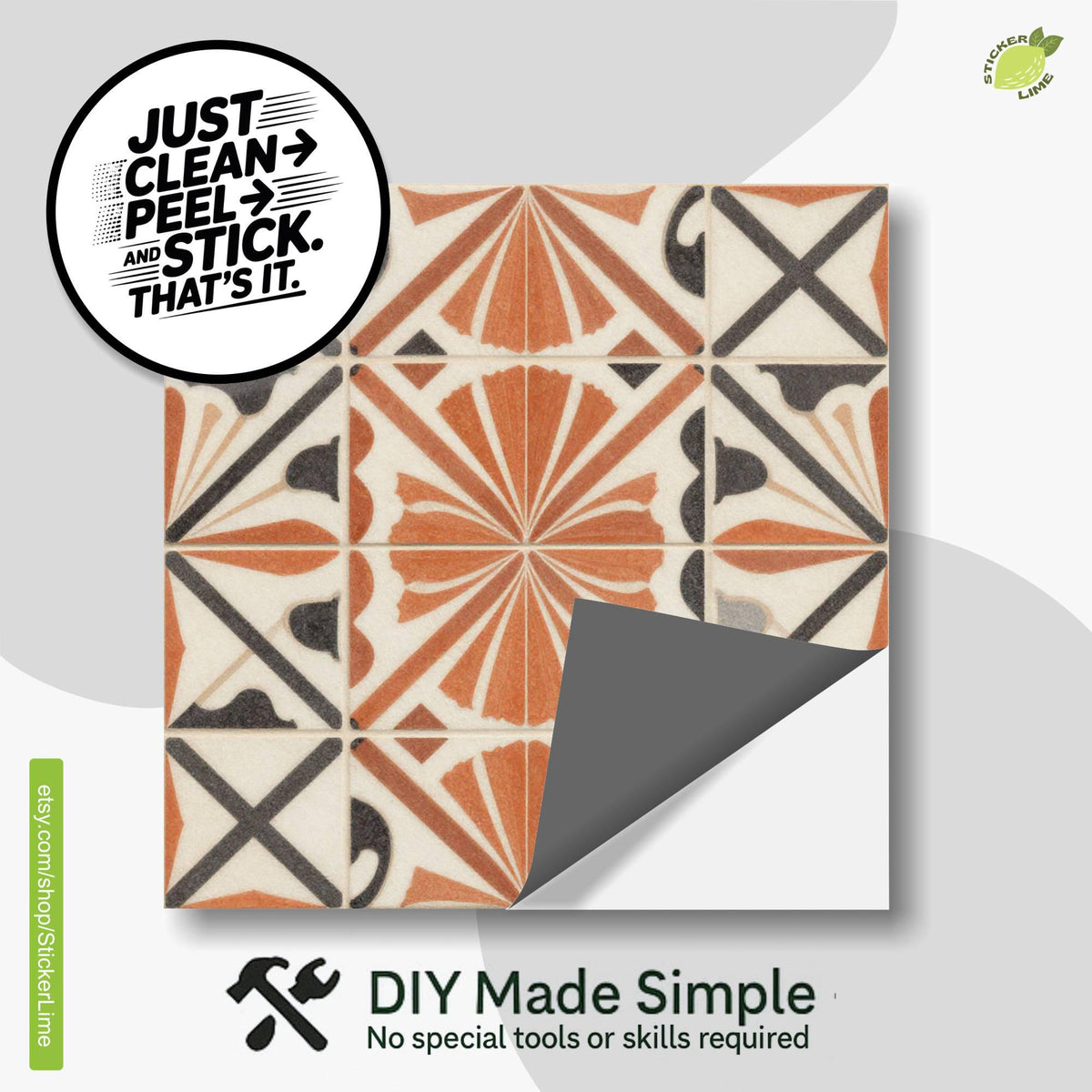 Terracotta Art Deco peel and stick tile decals, photo 2 of 8