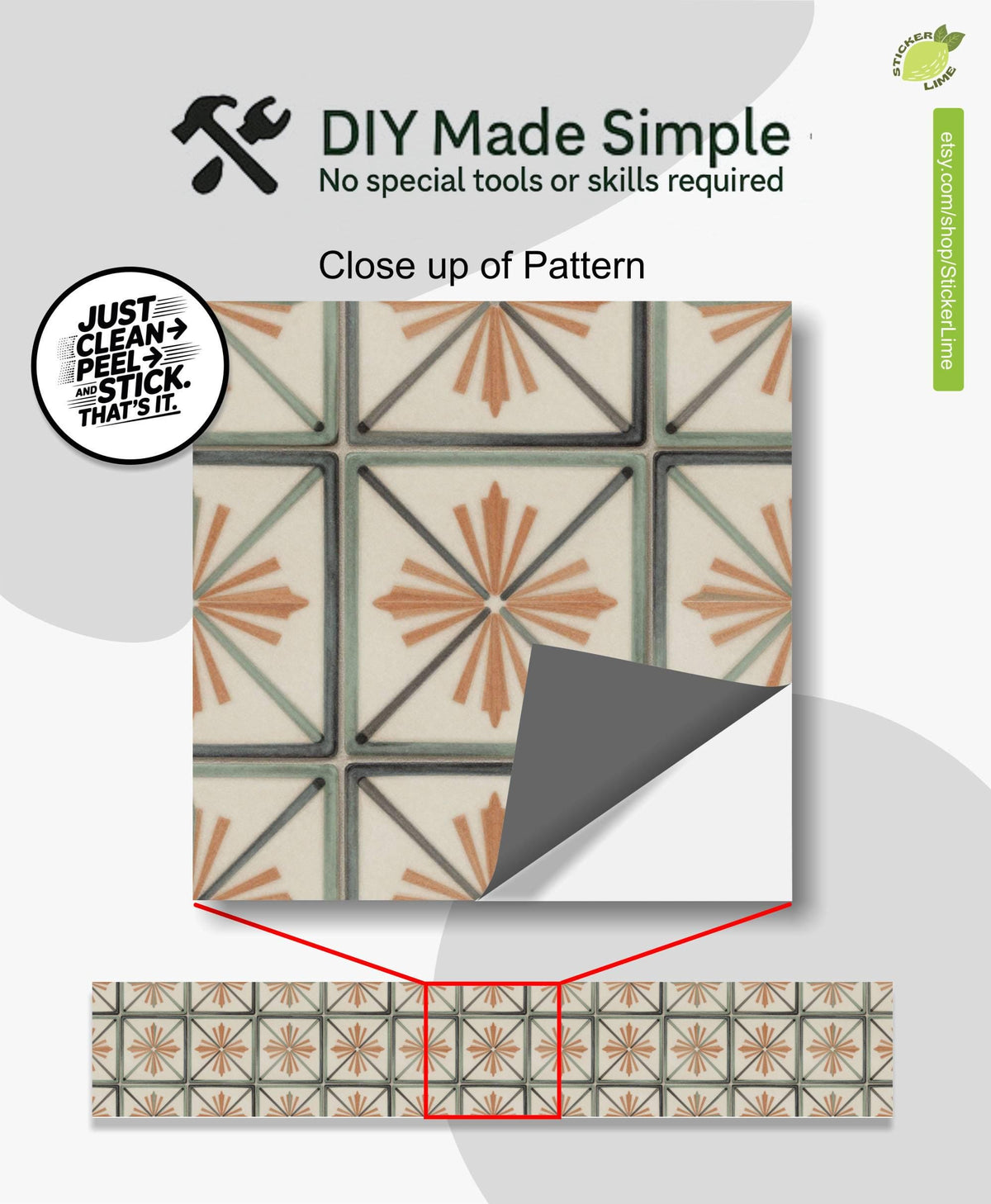 Terracotta Art Deco Tile peel and stick stair riser decals, photo 2 of 8
