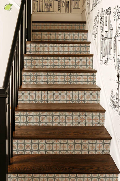 Terracotta Art Deco Tile peel and stick stair riser decals, photo 4 of 8