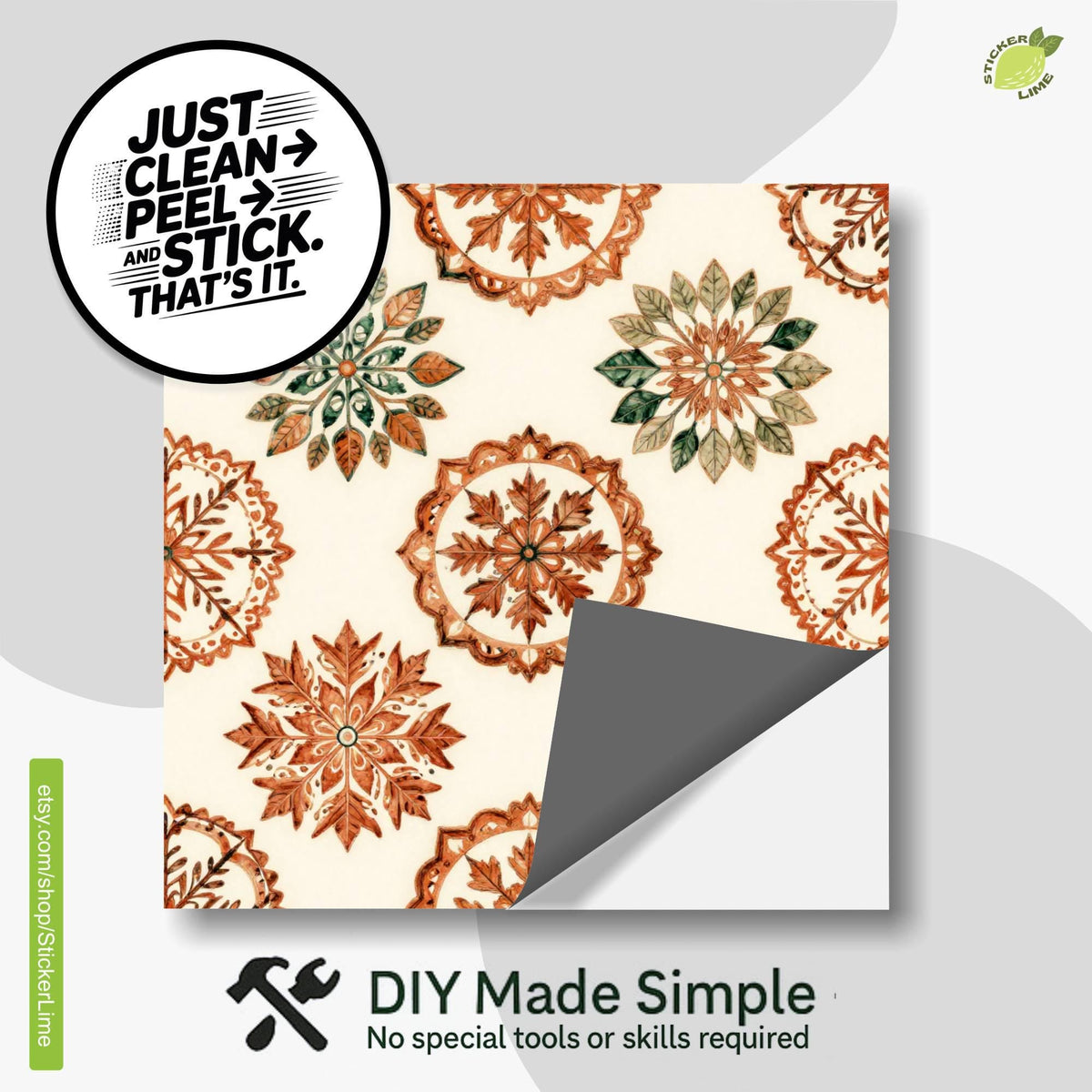 Terracotta Botanical Medallion peel and stick tile decals, photo 2 of 8