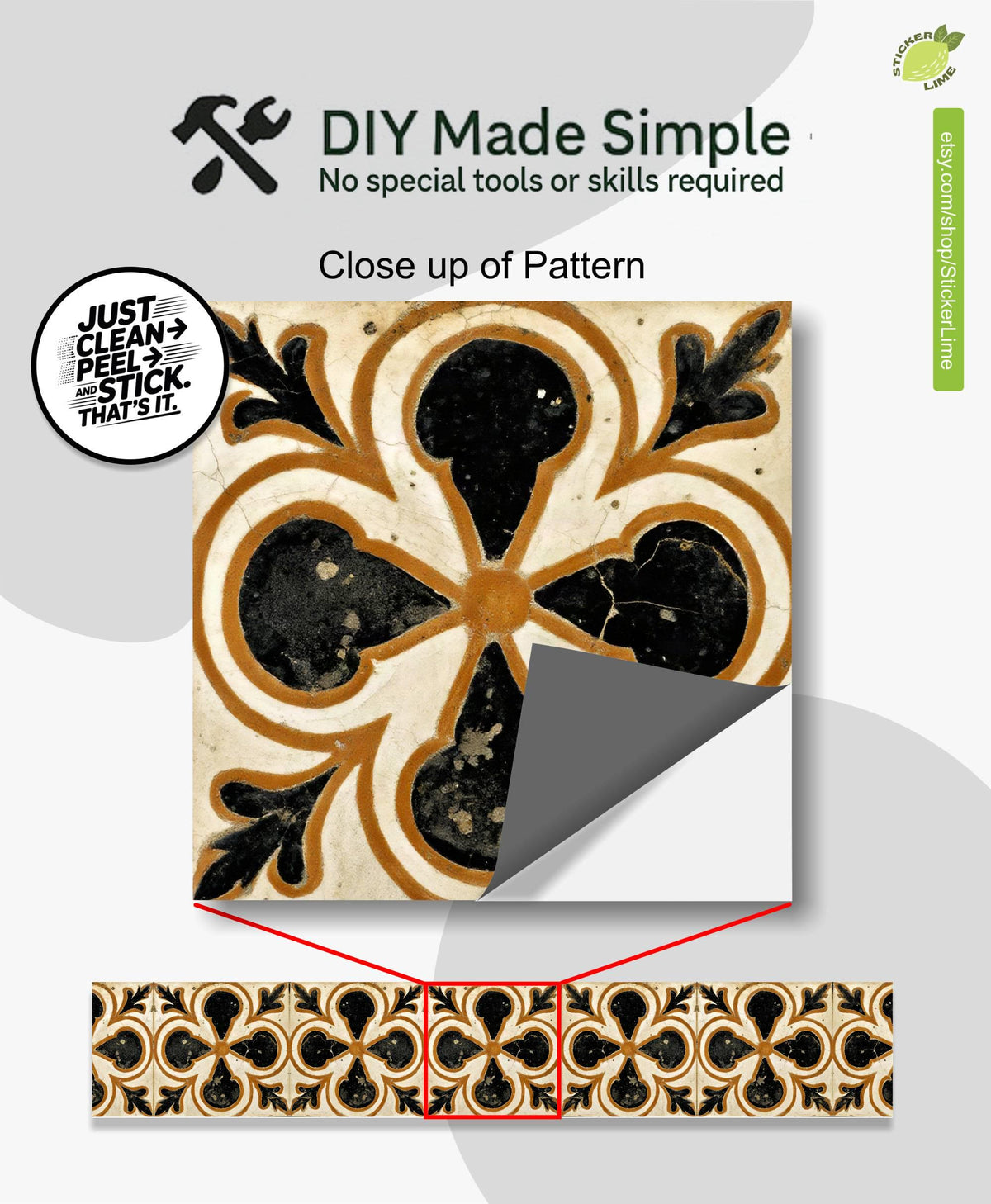 Terracotta Medieval Quatrefoil peel and stick stair riser decals, photo 2 of 8