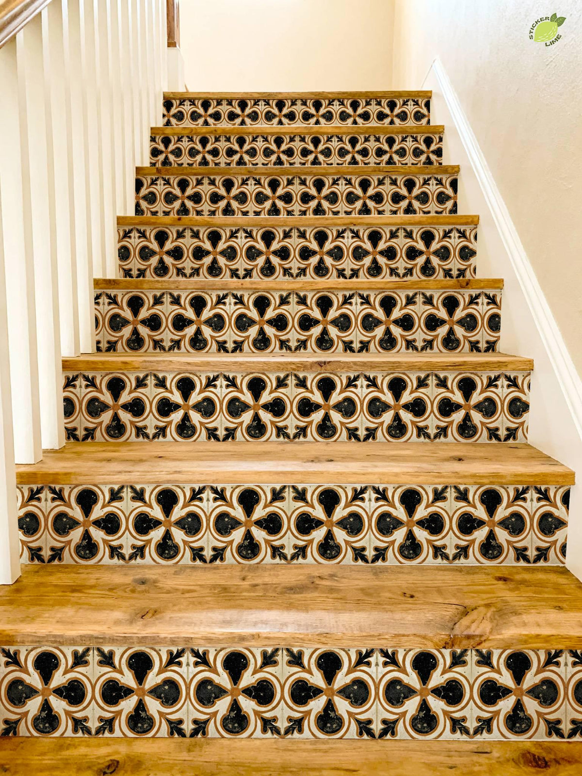 Terracotta Medieval Quatrefoil peel and stick stair riser decals, photo 4 of 8