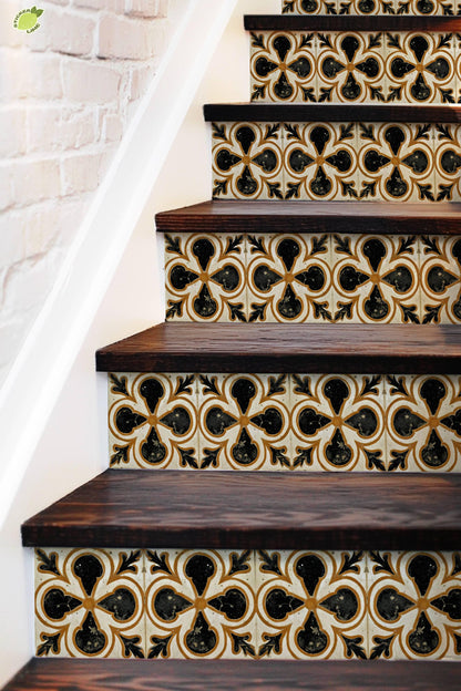 Terracotta Medieval Quatrefoil peel and stick stair riser decals, photo 5 of 8